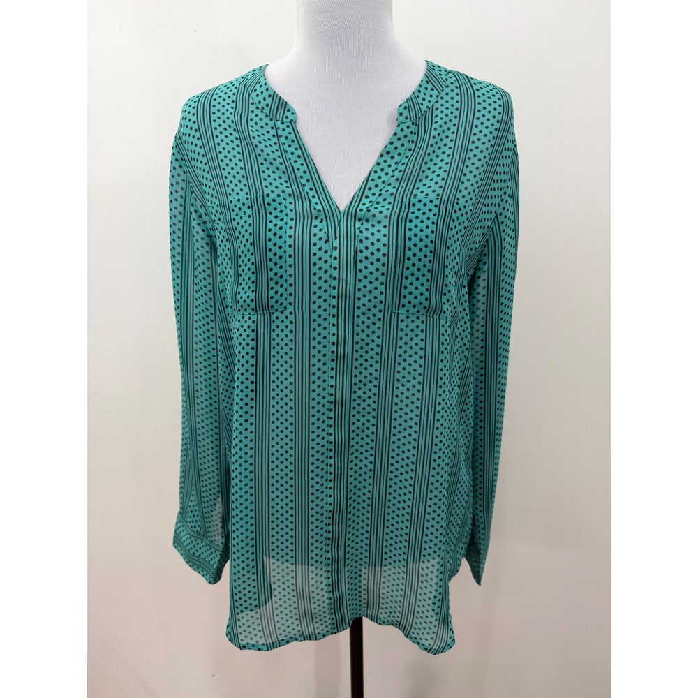 Ann Taylor LOFT Teal Green Polka Dot Stripe Split Neck Blouse Top Small